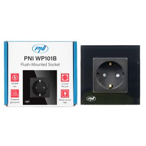 Priza simpla incastrabila PNI WP101B, cu rama din sticla, 16A, 3700W, 230V, negru