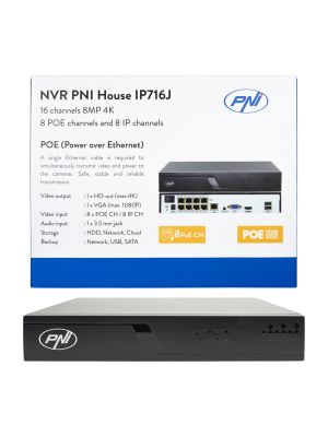 NVR POE PNI House IP716J, 16 canale 4K 8MP, 8 canale POE si 8 canale IP, negru