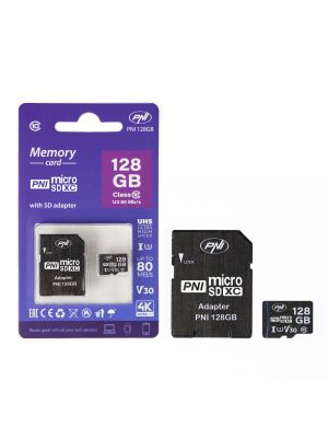 Card de memorie MicroSD PNI 128GB cu adaptor SD, Clasa 10, 80 Mb/s, V30